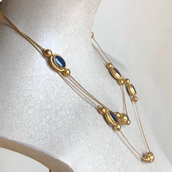 Vintage Korea Stamped Layered Gold-Tone Faux Blue Stone Gold Beads Necklace - Picture 4 of 7